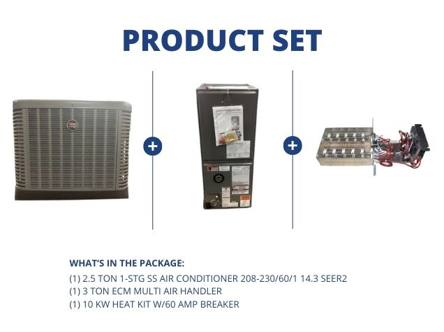 2.5 Ton 1-Stg SS AC R410A 14.3 SEER2, 3 Ton Multi Air Handler and 10 kW Heat Kit w/60 Amp Breaker