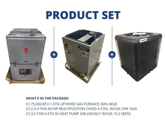 75,000 BTU Up/Horz Gas Furnace 80%, 2.5-4 Ton Multi Cased A Coil and 3.5 Ton 2-Stg SS HP 15.2 SEER2