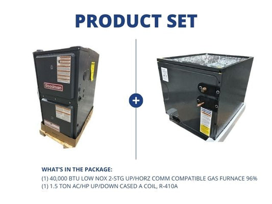 40,000 BTU Low NOx Up/Horz Comm Comp Gas Furnace 96% with 1.5 Ton AC/HP Up/Down Cased A Coil, R-410A