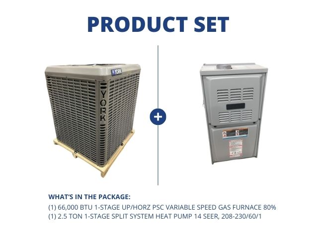 66,000 BTU 1-Stg Up/Horz PSC Var Spd Gas Furnace 80% and 2.5 Ton 1-Stg SS HP 14 SEER, 208-230/60/1