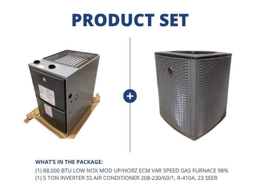 88,000 BTU Low NOx Mod Up/Horz ECM Var Spd Gas Furnace 98% with 5 Ton Inverter SS AC R410A 23 SEER