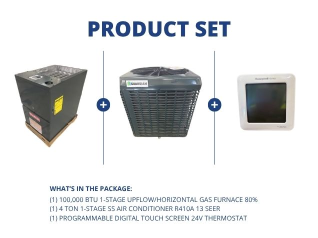 100,000 BTU 1-Stg Up/Horz Multi Gas Furnace 80%, 4 Ton 1-Stg SS AC R410A 13 SEER, and 24V Thermostat