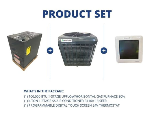 100,000 BTU 1-Stg Up/Horz Multi Gas Furnace 80%, 4 Ton 1-Stg SS AC R410A 13 SEER, and 24V Thermostat