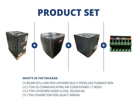 80,000 BTU Low NOx Up/Horz ECM Gas Furnace 96%, 2 Ton SS Comm AC 17 SEER2, 2 Ton Up/Down Cased Coil