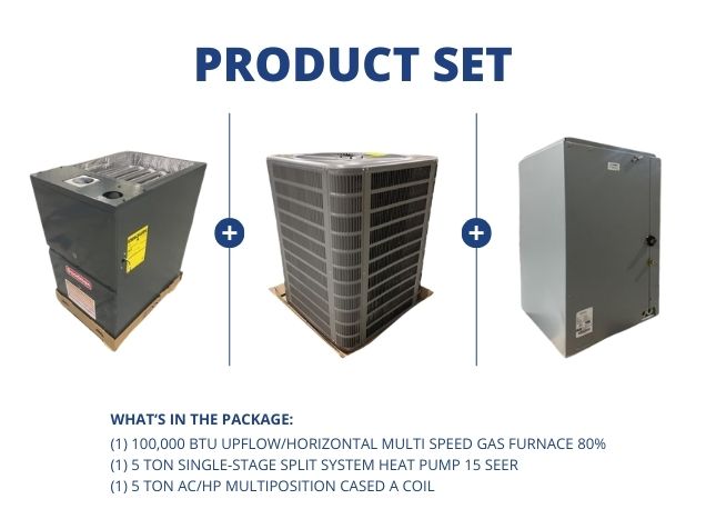 100,000 BTU Up/Horz Multi Speed Gas Furnace 80%, 5 Ton Heat Pump 15 SEER, 5 Ton Multi Cased A Coil