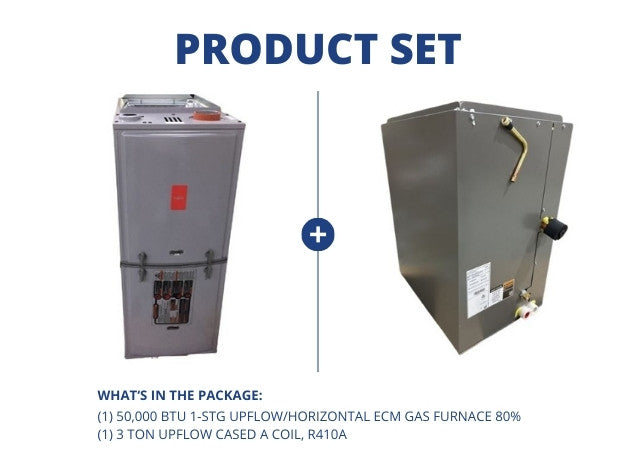 50,000 BTU Single-Stage Upflow/Horizontal ECM Gas Furnace 80% with 3 Ton Upflow Cased A Coil, R410A