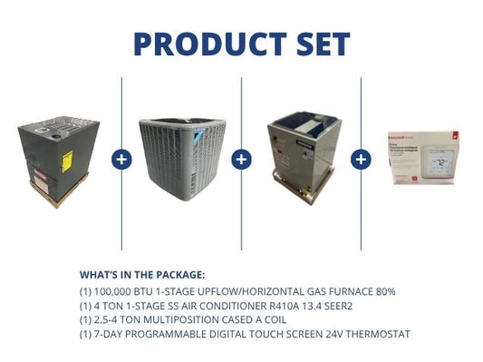 100,000 BTU Up/Horz Gas Furnace 80%, 4 Ton SS AC 13.4 SEER2, 2.5-4 Ton Multi Coil and 24V Thermostat