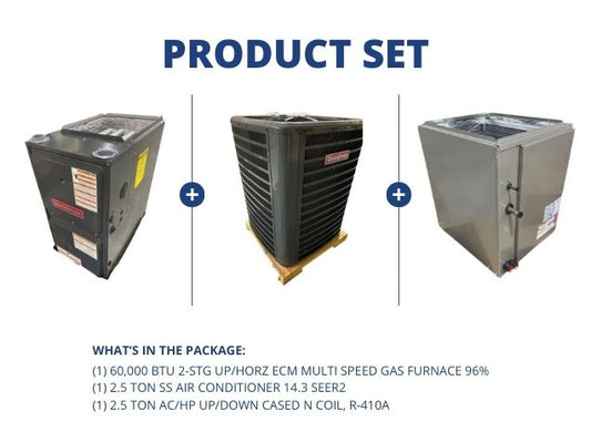 60,000 BTU Up/Horz Gas Furnace 96%, 2.5 Ton SS AC 14.3 SEER2 with 2.5 Ton AC/HP Up/Down Cased N Coil