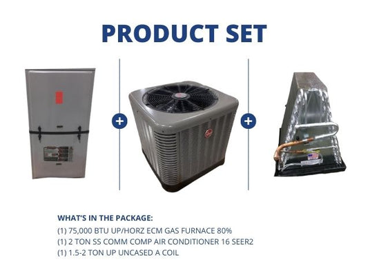 75,000 BTU Up/Horz Gas Furnace 80%, 2 Ton SS Comm Comp AC 16 SEER2 with 1.5-2 Ton Up Uncased A Coil