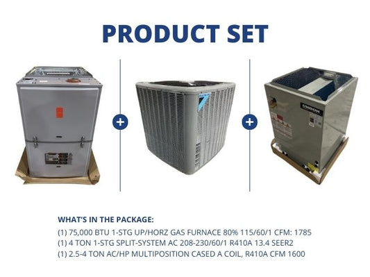 75,000 BTU Up/Horz Gas Furnace 80% with 4 Ton SS AC 13.4 SEER2 with 2.5-4 Ton Multi Cased A Coil
