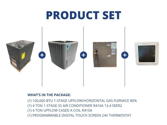 100,000 BTU Up/Horz Gas Furnace 80%, 4 Ton AC R410A 13.4 SEER2, 4 Ton Upflow Coil and 24V Thermostat
