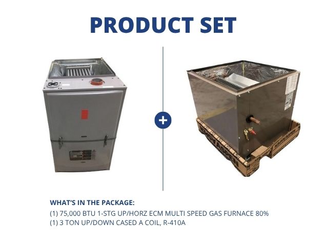 75,000 BTU 1-Stg Up/Horz ECM Multi Speed Gas Furnace 80% with 3 Ton Up/Down Cased A Coil, R-410A