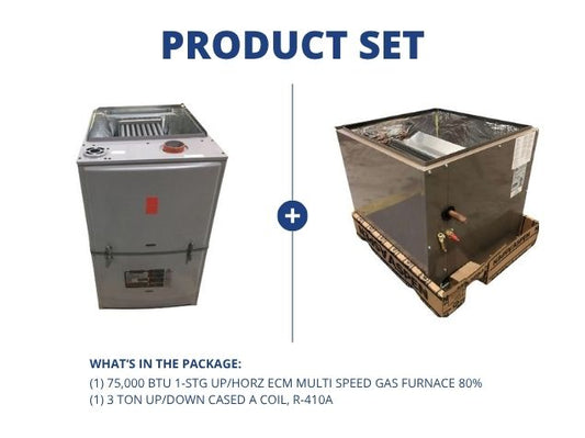 75,000 BTU 1-Stg Up/Horz ECM Multi Speed Gas Furnace 80% with 3 Ton Up/Down Cased A Coil, R-410A