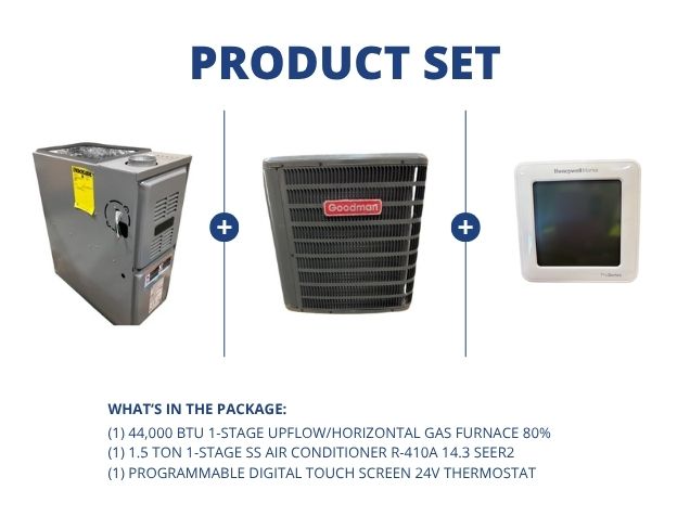 44,000 BTU 1-Stg Up/Horz Gas Furnace 80%, 1.5 Ton 1-Stg SS AC R-410A 14.3 SEER2 with 24V Thermostat