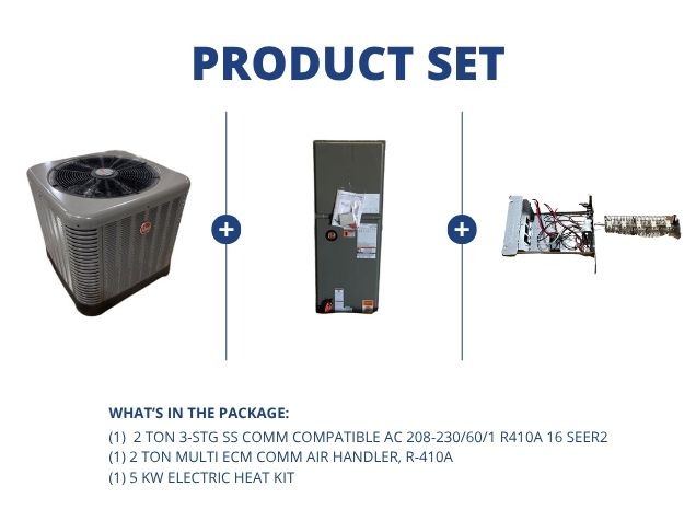 2 Ton SS Comm Compatible AC 16 SEER2, 2 Ton ECM Comm Air Handler R-410A and 5 kW Electric Heat Kit