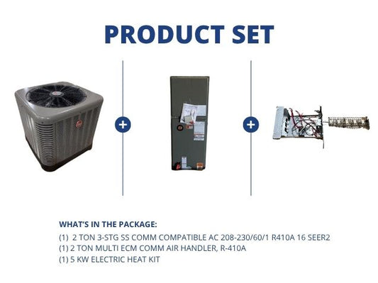2 Ton SS Comm Compatible AC 16 SEER2, 2 Ton ECM Comm Air Handler R-410A and 5 kW Electric Heat Kit