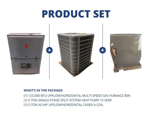125,000 BTU Up/Horz Multi Speed Gas Furnace 80%, 5 Ton SS Heat Pump 15 SEER and 5 Ton Up/Horz A Coil