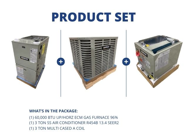 60,000 BTU Up/Horz ECM Gas Furnace 96%, 3 Ton SS AC R454B 13.4 SEER2 and 3 Ton Multi Cased A Coil