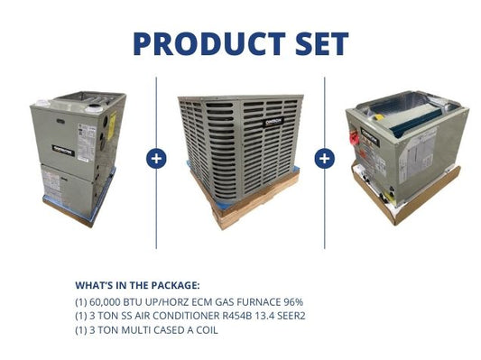 60,000 BTU Up/Horz ECM Gas Furnace 96%, 3 Ton SS AC R454B 13.4 SEER2 and 3 Ton Multi Cased A Coil