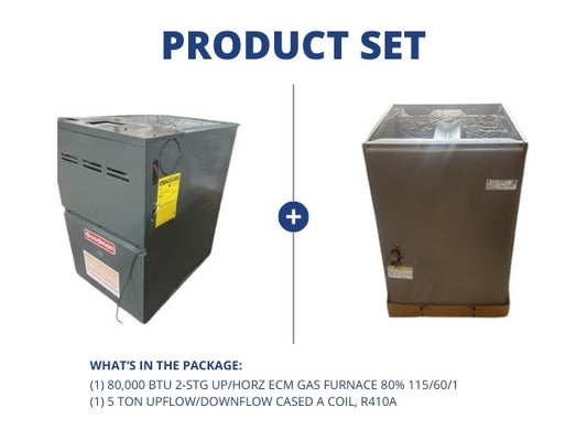 80,000 BTU 2-Stg Up/Horz ECM Gas Furnace 80% 115/60/1 with 5 Ton Upflow/Downflow Cased A Coil, R410A