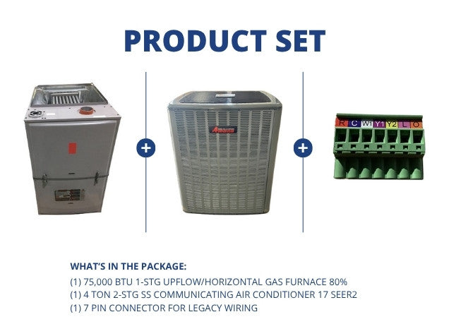 75,000 BTU 1-Stg Up/Horz ECM Gas Furnace 80% and 4 Ton 2-Stg SS Comm AC 17 SEER2 and 7 Pin Connector