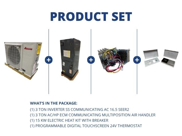 3 Ton Inverter SS Comm AC 16.5 SEER2, 3 Ton ECM Comm Multi Air Handler, 15KW Heat Kit and Thermostat