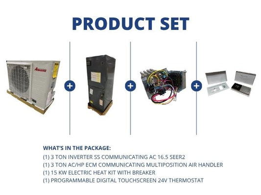 3 Ton Inverter SS Comm AC 16.5 SEER2, 3 Ton ECM Comm Multi Air Handler, 15KW Heat Kit and Thermostat