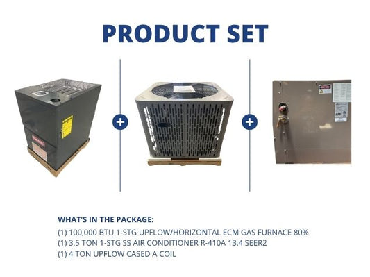 100,000 BTU Up/Horz ECM Gas Furnace 80% with 3.5 Ton SS AC 13.4 SEER2 and 4 Ton Upflow Cased A Coil