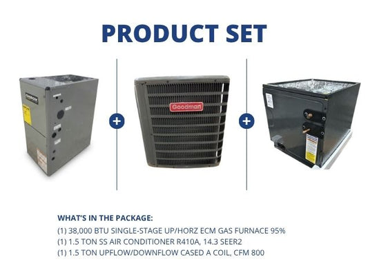 38,000 BTU Up/Horz Gas Furnace 95%, 1.5 Ton SS AC R410A 14.3 SEER2, 1.5 Ton AC/HP Up/Down Cased Coil