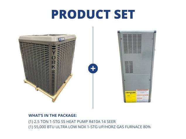 2.5 Ton 1-Stg SS Heat Pump R410A 14 SEER with 55,000 BTU Ultra Low NOx 1-Stg Up/Horz Gas Furnace 80%