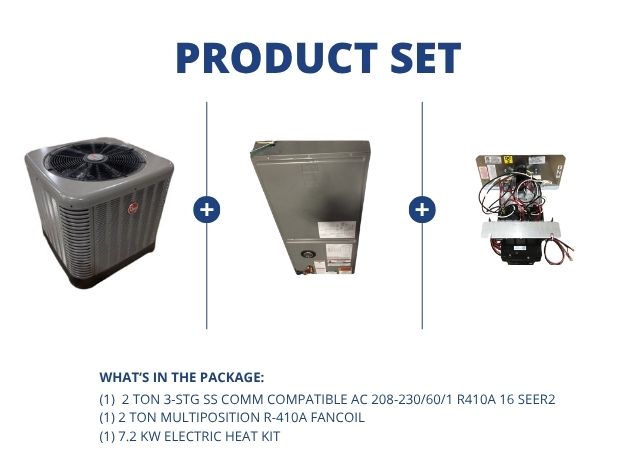 2 Ton SS Comm Compatible AC 16 SEER2, 2 Ton Multiposition R410A Fancoil and 7.2 kW Electric Heat Kit