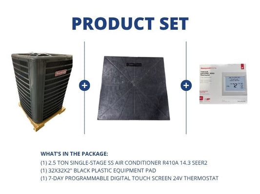 2.5 Ton 1-Stg SS Air Conditioner R410A 14.3 SEER2, 32x32x2" Black Plastic Equipment Pad, Thermostat