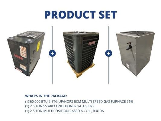 60,000 BTU Up/Horz Gas Furnace 96%, 2.5 Ton SS AC 14.3 SEER2 with 2.5 Ton Multiposition Cased A Coil