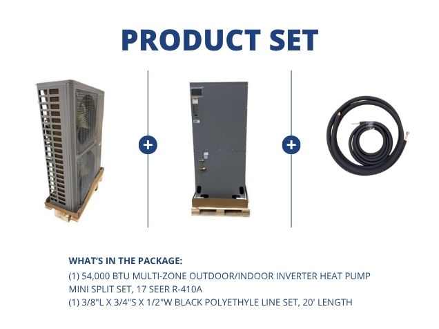 54,000 BTU Multi-Zone Outdoor/Indoor Inverter Heat Pump Mini Split Set, 17 SEER R-410A with Line Set