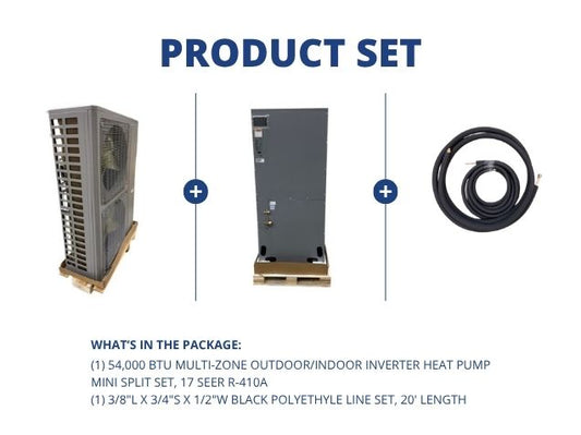54,000 BTU Multi-Zone Outdoor/Indoor Inverter Heat Pump Mini Split Set, 17 SEER R-410A with Line Set