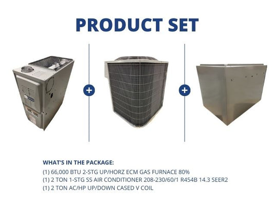 66,000 BTU 2-Stg Up/Horz Gas Furnace 80%, 2 Ton 1-Stg SS AC 14.3 SEER2, 2 Ton Up/Down Cased V Coil