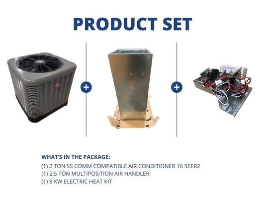 2 Ton SS Comm Compatible AC 16 SEER2, 2.5 Ton Multiposition Air Handler and 8 kW Electric Heat Kit