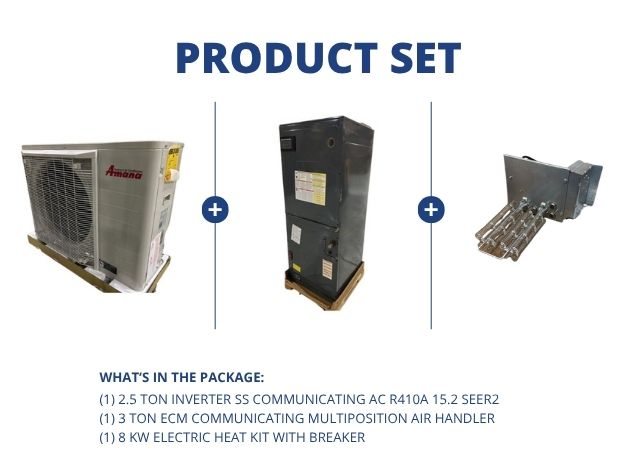 2.5 Ton Inverter Comm AC R410A 15.2 SEER2, 3 Ton ECM Comm Multi Air Handler,  8 KW Heat with Breaker