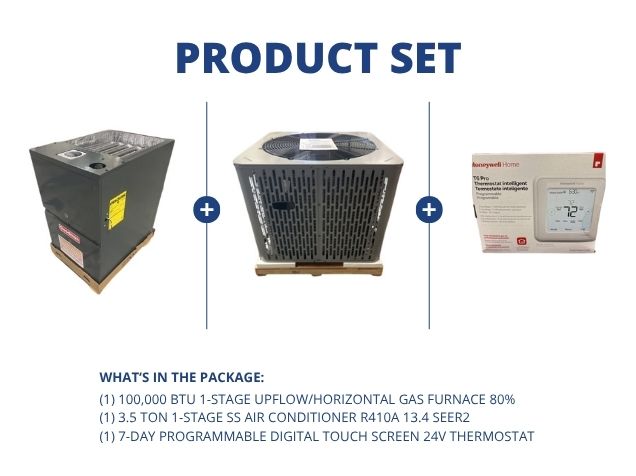 100,000 BTU 1-Stg Up/Horz Gas Furnace 80%, 3.5 Ton 1-Stg SS AC R410A 13.4 SEER2 and 24V Thermostat
