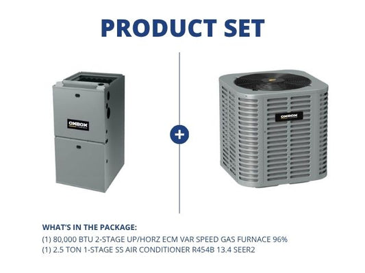 80,000 BTU 2-Stage Up/Horz ECM Var Speed Gas Furnace 96% with 2.5 Ton 1-Stage SS AC R454B 13.4 SEER2