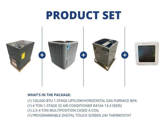 100,000 BTU Up/Horz Gas Furnace 80%, 4 Ton AC 13.4 SEER2, 2.5-4 Ton Multi Coil and 24V Thermostat