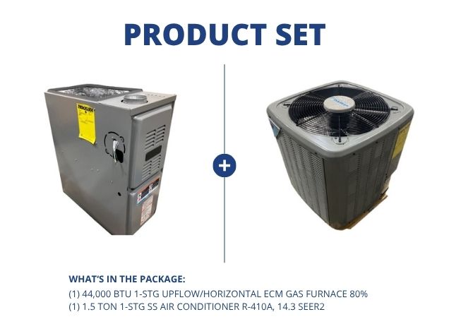44,000 BTU 1-Stg Up/Horz ECM Gas Furnace 80% and 1.5 Ton 1-Stg SS Air Conditioner R-410A, 14.3 SEER2