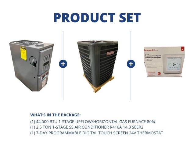 44,000 BTU 1-Stg Up/Horz Gas Furnace 80%, 2.5 Ton 1-Stg SS AC R410A 14.3 SEER2 with 24V Thermostat