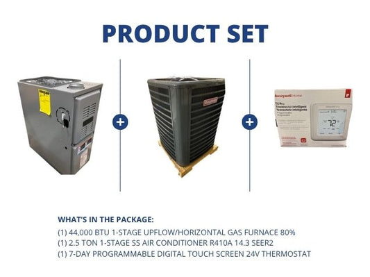 44,000 BTU 1-Stg Up/Horz Gas Furnace 80%, 2.5 Ton 1-Stg SS AC R410A 14.3 SEER2 with 24V Thermostat