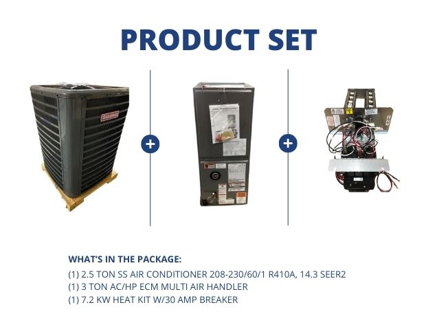 2.5 Ton SS AC R410A 14.3 SEER2, 3 Ton AC/HP ECM Multi Air Handler and 7.2 kW Heat Kit w/30A Breaker