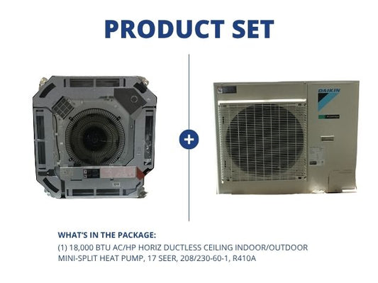 Mini-split de techo sin conductos, 18 000 Btu, CA/HP, horizontal, ID/OD, 17 SEER, 208/230-60-1, R410A