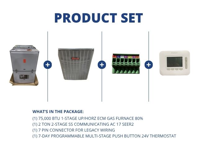 75,000 BTU Up/Horz Gas Furnace 80%, 2 Ton 2-Stg Comm AC 17 SEER2, 7 Pin Connector, 24V Thermostat