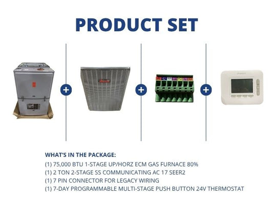 75,000 BTU Up/Horz Gas Furnace 80%, 2 Ton 2-Stg Comm AC 17 SEER2, 7 Pin Connector, 24V Thermostat