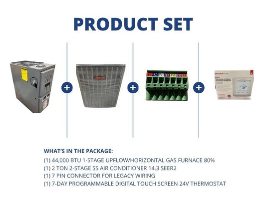44,000 BTU 1-Stg Up/Horz Gas Furnace 80%, 2 Ton SS AC 17 SEER2, 7 Pin Connector and 24V Thermostat