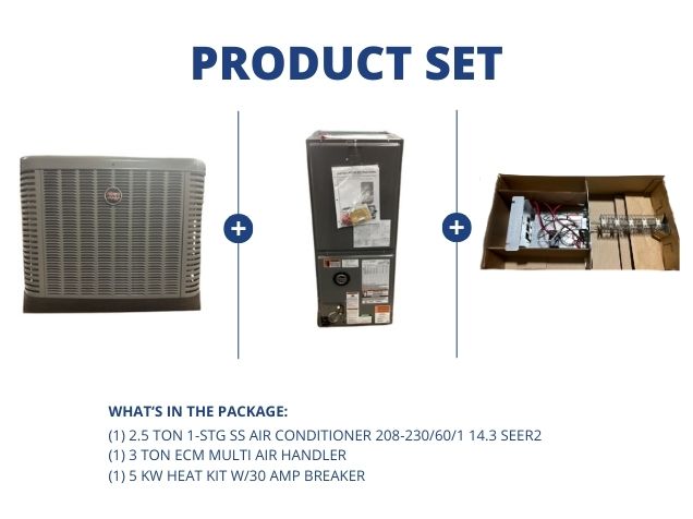 2.5 Ton 1-Stg SS AC R410A 14.3 SEER2, 3 Ton ECM Multi Air Handler and 5 kW Heat Kit w/30 Amp Breaker
